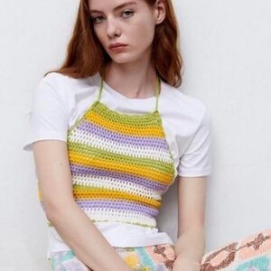 Zara Crochet Striped Cropped Halter Top Women's Small Girlhoodcore Multicolor